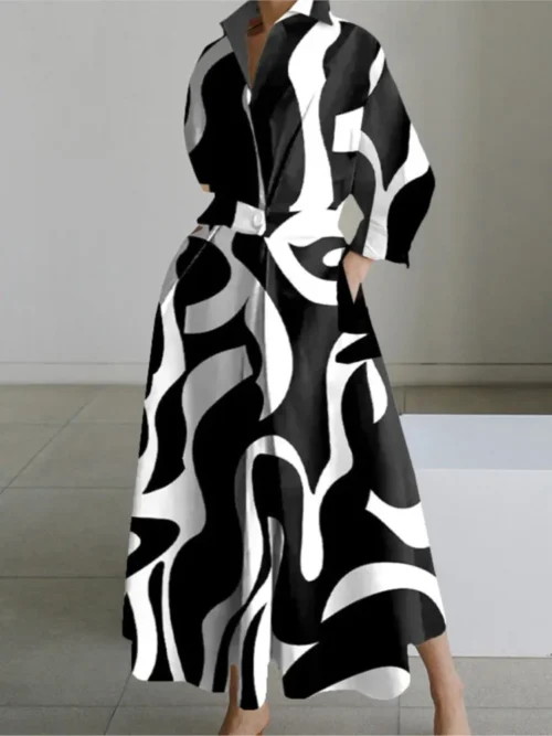 Vestido de outono manga longa dot print elegante maxi vestidos para as mulheres 2024 branco casual com decote em v camisa festa vestido longo robe femme - Imagem 4