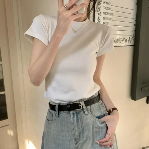 Blusa elegante de manga curta feminina, camiseta feminina slim fit elegante, pulôver macio com o pescoço, streetwear monocromático, top elástico - Imagem 4