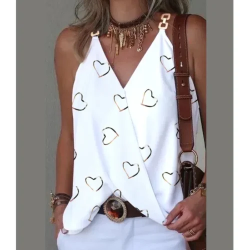 2024 verão com decote em v fivela de metal listrado impresso regata para mulher solta sem mangas pulôver blusa femme blusas mujer - Imagem 4