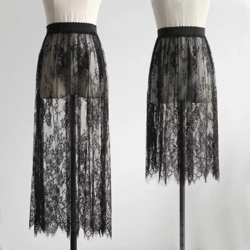 2 comprimento elegante saia preta renda branca transparente longa saia de tule senhoras elástica cintura alta praia midi saia transporte da gota - Imagem 13