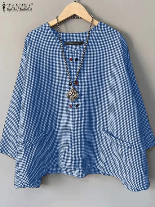 Zanzea casual solto blusa feminina verão em torno do pescoço camisa verificado impresso bolso 3/4 manga topos harajuku simples blusas - Imagem 3