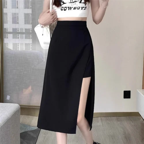 Saia preta de fenda irregular de cintura alta feminina, verão, comprimento médio, linha A, Harajuku, vintage, roupas femininas, novo, 2023 - Imagem 3