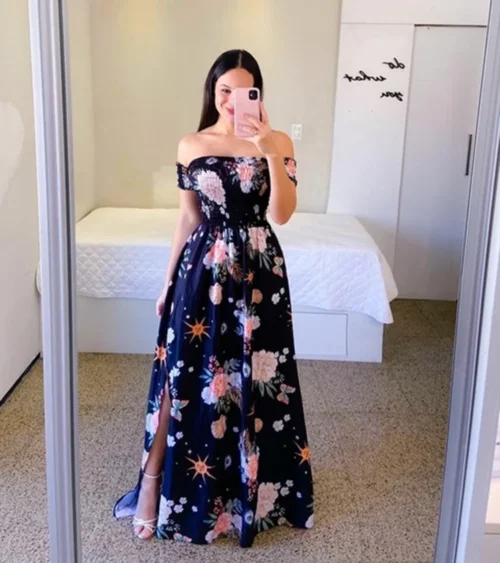 Elegante feminino fora do ombro midi vestido 2024 verão moda vestidos de cintura alta flor impressão manga curta vestidos robe roupas - Imagem 27