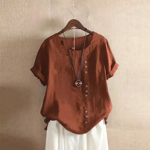 Top feminino de algodão e linho verão casual solto botão manga curta cor sólida pulôver blusa femme blusas - Imagem 6