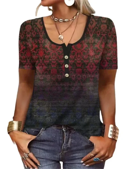 Camisas elegantes para mulheres manga curta moda estilo étnico solto retro casual botão blusas 3d flor impressão solta verão topos - Imagem 14