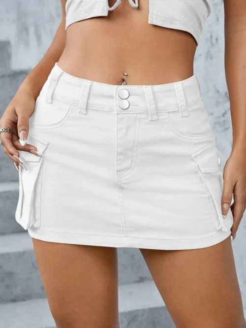 Saia jeans de cintura baixa feminina com bolsos, mini vestido emendado, ajuste justo, envoltório sexy, nádegas, monocromático, rua alta, monocromático, 2021 - Imagem 18