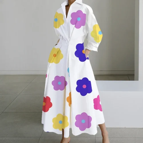 Vestido de outono manga longa dot print elegante maxi vestidos para as mulheres 2024 branco casual com decote em v camisa festa vestido longo robe femme - Imagem 24