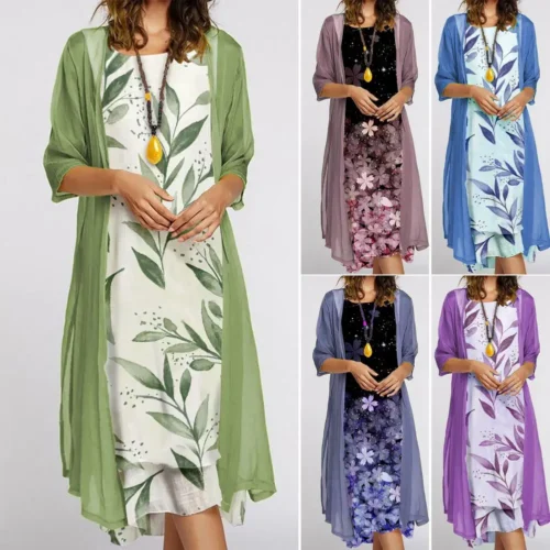 Feminino 1 conjunto elegante vintage em torno do pescoço vestido de duas peças senhoras vestido conjunto floral impressão para festa - Imagem 4