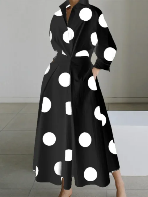 Vestido de outono manga longa dot print elegante maxi vestidos para as mulheres 2024 branco casual com decote em v camisa festa vestido longo robe femme - Imagem 2