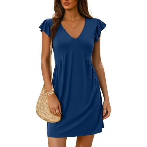 Feminino elegante manga voadora com decote em v mini vestido férias 2025 verão roupas femininas plissado vestidos de manga curta streetwear - Imagem 4