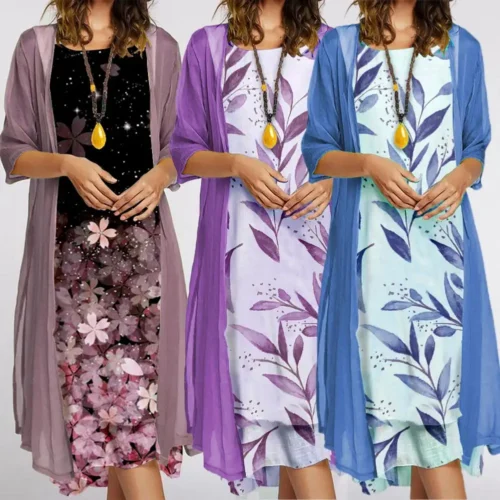 Feminino 1 conjunto elegante vintage em torno do pescoço vestido de duas peças senhoras vestido conjunto floral impressão para festa - Imagem 2