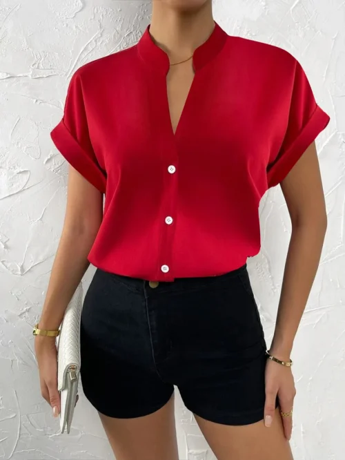 2024 verão com decote em v camisa feminina casual senhora do escritório cor sólida manga curta único breasted elegante blusa feminina femme blusas - Imagem 4