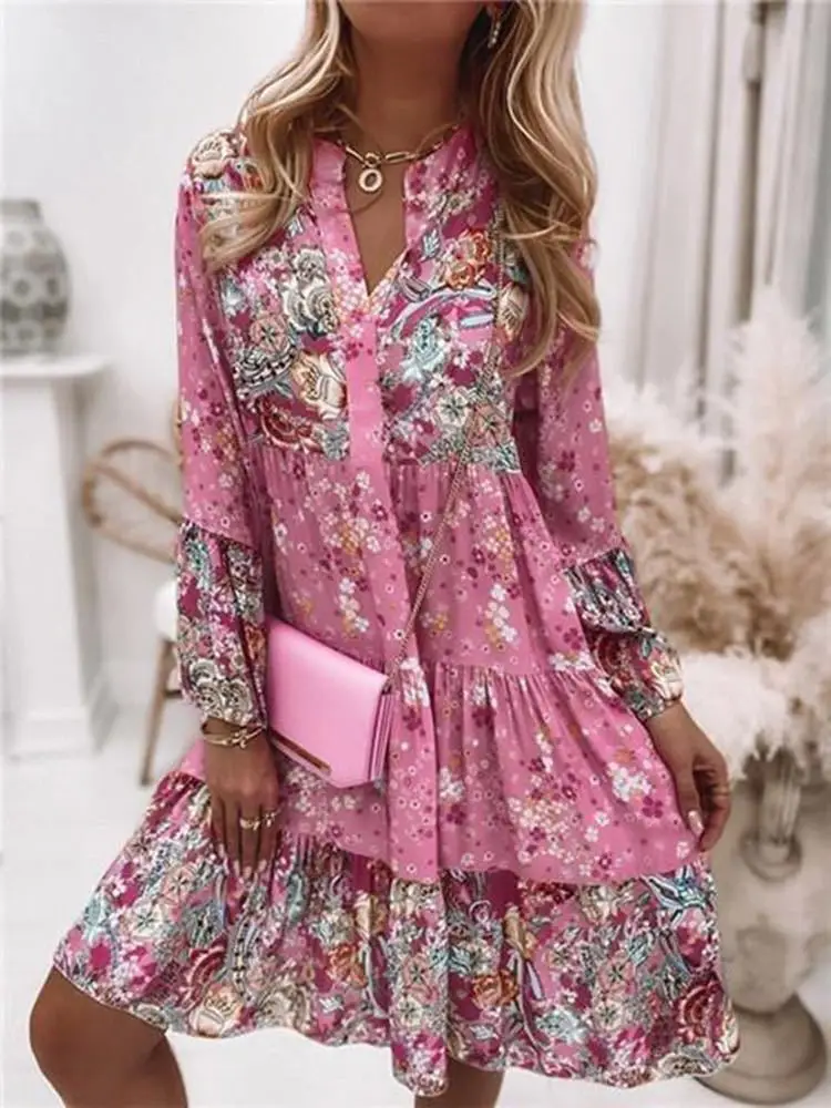 Casual floral impressão vestidos para as mulheres 2024 sping verão boho v pescoço solto uma linha vestido elegante praia vestido de festa robe femme