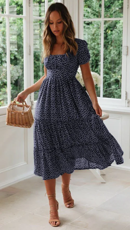 Verão feminino praia doce vestidos vintage impressão puff manga casual gola quadrada floral feminino maxi vestido longo - Imagem 19
