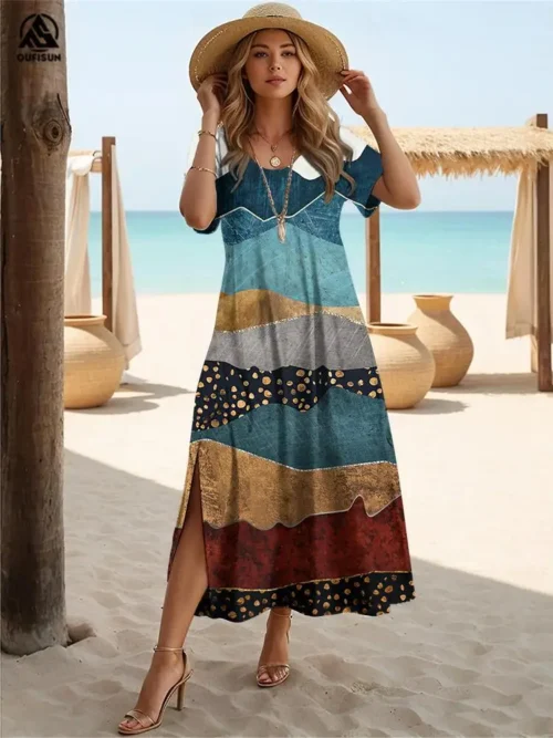 Mármore retalhos cor verão fenda mangas curtas vestido longo com decote em v vestidos femininos soltos oversize festa roupas elegantes 2024 novo - Imagem 4