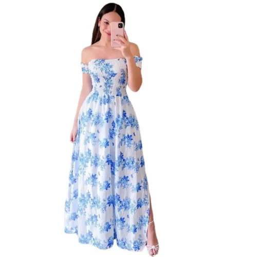 Elegante feminino fora do ombro midi vestido 2024 verão moda vestidos de cintura alta flor impressão manga curta vestidos robe roupas - Imagem 36