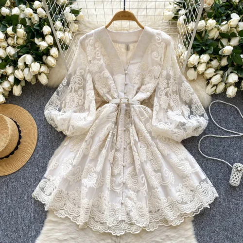 Francês doce decote em v lanterna manga mini vestido de verão feminino bordado flor malha retalhos cinto casual praia a linha festa robes - Imagem 8