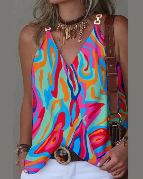 2024 verão com decote em v fivela de metal listrado impresso regata para mulher solta sem mangas pulôver blusa femme blusas mujer - Imagem 22