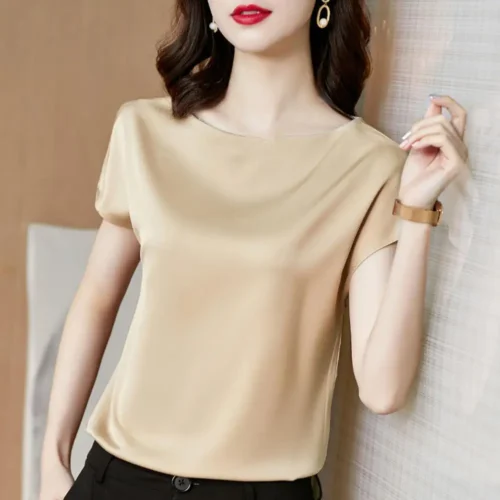 O pescoço senhora camiseta blusa primavera feminina casual cor sólida manga curta blusas camisas soltas pulôver túnica blusas roupas femininas - Imagem 14