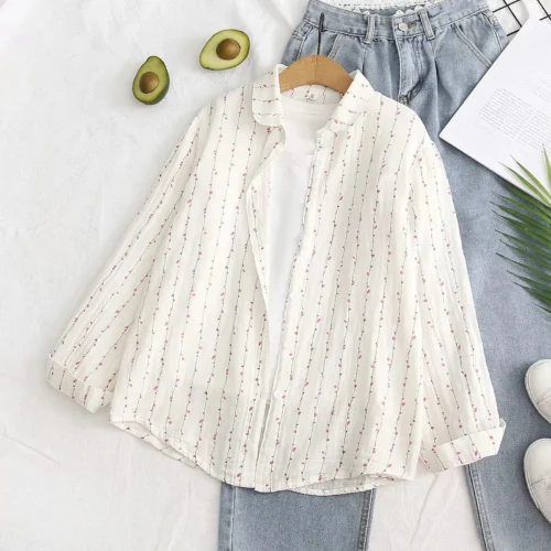 Nova Primavera Mulheres Camisas De Algodão De Camada Dupla Manga Completa Floral Solta Casual Blusa Macia Senhora Do Escritório Desgaste Do Trabalho Tops T34502X - Imagem 2