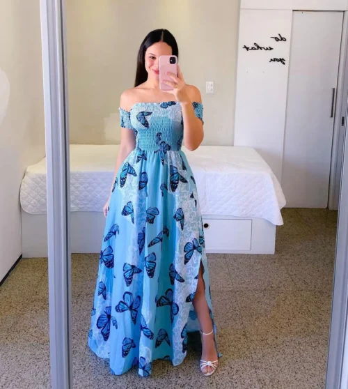Elegante feminino fora do ombro midi vestido 2024 verão moda vestidos de cintura alta flor impressão manga curta vestidos robe roupas - Imagem 21