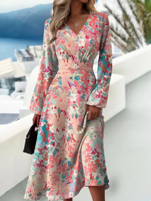 Vestido estampado slim fit feminino, mangas largas, sexy com decote em v, manga comprida, elegante, primavera, outono, novo - Imagem 13