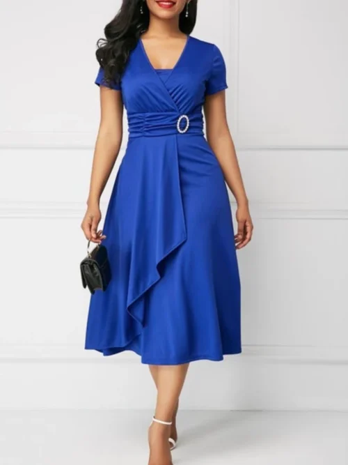 Vestidos de verão elegantes femininos cor sólida manga curta com decote em v assimétrico bainha cintura apertada midi vestido de festa senhoras vestidos de noite - Imagem 2