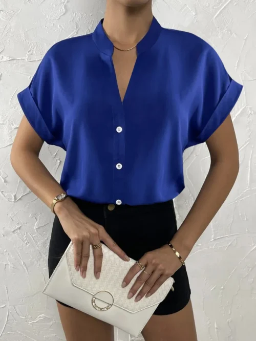 2024 verão com decote em v camisa feminina casual senhora do escritório cor sólida manga curta único breasted elegante blusa feminina femme blusas - Imagem 2