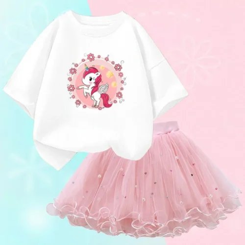 Conjunto de duas peças feminino, saia de malha tutu e camiseta, roupa de festa infantil, bonita coreana, moda verão, 3-14 anos - Imagem 18