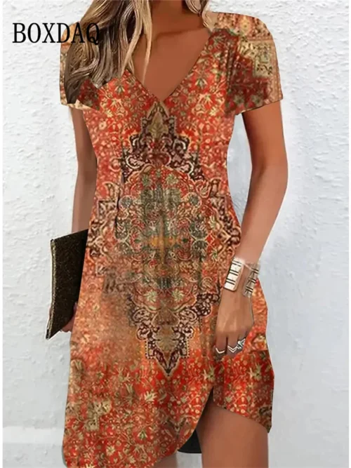 Vintage feminino midi vestidos para 2024 estilo étnico floral impressão vestido solto plus size casual manga curta pulôver com decote em v vestido - Imagem 3