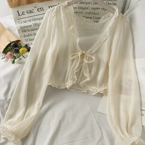 Manga longa fina respirável camisetas femininas laço arco cardigan blusa roupas babados proteção solar outwear blusa para capas - Imagem 9