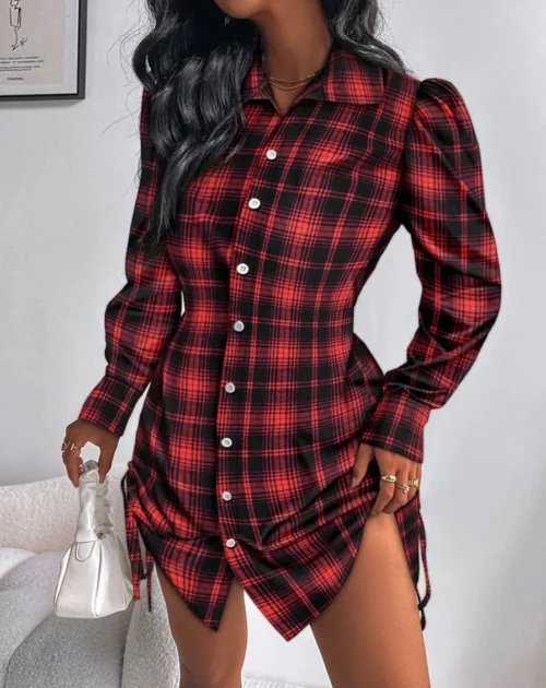 Moda vermelho xadrez camisa feminina vestido primavera novo produto flip colarinho casual cordão lateral com botão mini vestido 2025 - Imagem 8