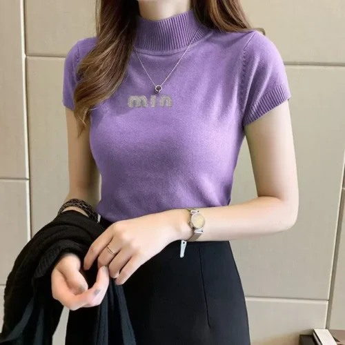 Moda mulher blusas de manga curta verão topos blusa feminina gola alta blusa de malha camisa feminina topos blusas - Imagem 15
