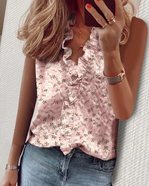 Praia verão sexy com decote em v camisas de tanque branco impressão feminina chiffon babados sem mangas das mulheres topos blusas casuais festa camisas florais - Imagem 4
