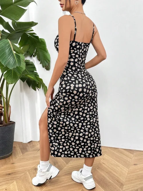 Outono 2025 vestido longo sem alças envoltório no peito fenda alta margarida estampa leopardo envoltório em torno da saia vestido maxi - Imagem 4