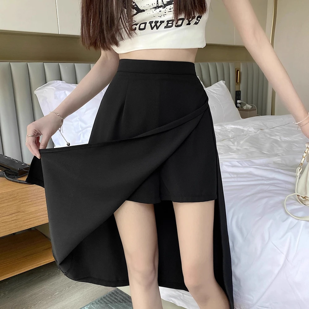 Saia preta de fenda irregular de cintura alta feminina, verão, comprimento médio, linha A, Harajuku, vintage, roupas femininas, novo, 2023