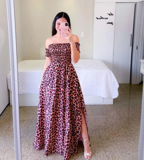 Elegante feminino fora do ombro midi vestido 2024 verão moda vestidos de cintura alta flor impressão manga curta vestidos robe roupas - Imagem 15