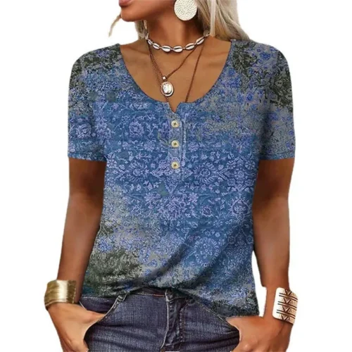 Camisas elegantes para mulheres manga curta moda estilo étnico solto retro casual botão blusas 3d flor impressão solta verão topos - Imagem 5