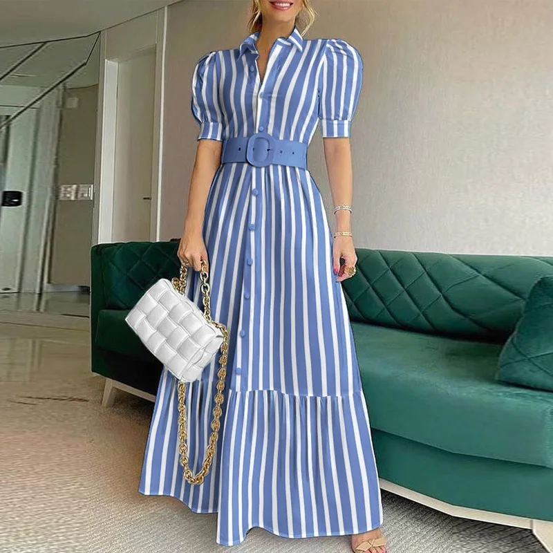 Listrado maxi vestido feminino verão 2022 nova moda elegante causal festa escritório senhora branco azul voltar vestidos longos