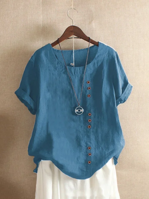Top feminino de algodão e linho verão casual solto botão manga curta cor sólida pulôver blusa femme blusas - Imagem 23