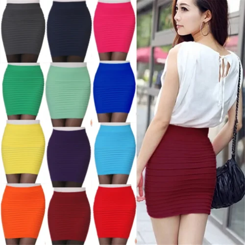 Verão feminino saia de cintura alta cor sólida elástica saia plissada para senhora do escritório drapeado magro mini saia sexy senhora lápis saias - Imagem 3