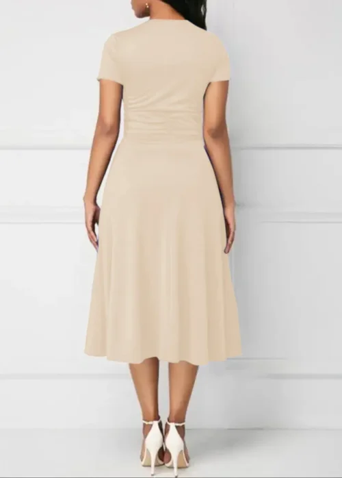 Vestidos de verão elegantes femininos cor sólida manga curta com decote em v assimétrico bainha cintura apertada midi vestido de festa senhoras vestidos de noite - Imagem 31