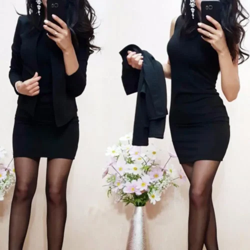 Vestido bodycon sem mangas de cor sólida com gola redonda 2 unidades/conjunto quente senhora do escritório casaco curto mini - Imagem 6