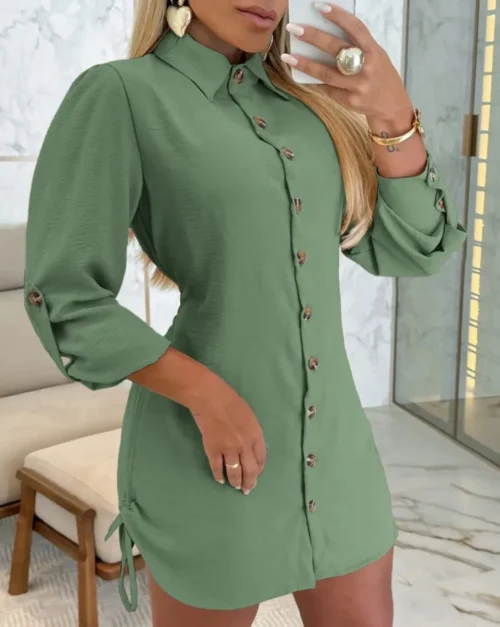 Moda manga longa botões camisa mini vestido feminino 2024 outono elegante escritório branco sólido vestidos para mulheres longas topos robe femme - Imagem 17