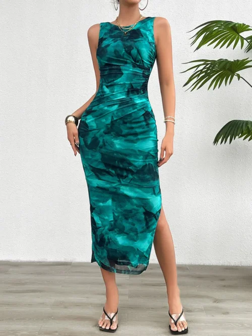 Primavera/verão fino ajuste sem mangas mudança de cor gradual vestido sexy tempero topo peito impressão saco hip fenda saia - Imagem 5