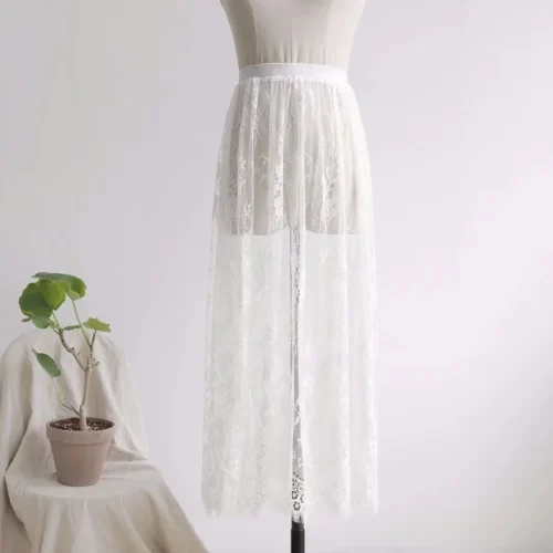 2 comprimento elegante saia preta renda branca transparente longa saia de tule senhoras elástica cintura alta praia midi saia transporte da gota - Imagem 16