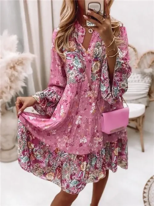 Casual floral impressão vestidos para as mulheres 2024 sping verão boho v pescoço solto uma linha vestido elegante praia vestido de festa robe femme - Imagem 12