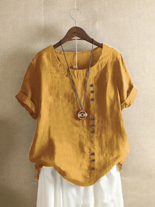 Top feminino de algodão e linho verão casual solto botão manga curta cor sólida pulôver blusa femme blusas - Imagem 31