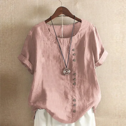 Top feminino de algodão e linho verão casual solto botão manga curta cor sólida pulôver blusa femme blusas - Imagem 2