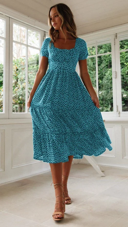 Verão feminino praia doce vestidos vintage impressão puff manga casual gola quadrada floral feminino maxi vestido longo - Imagem 17